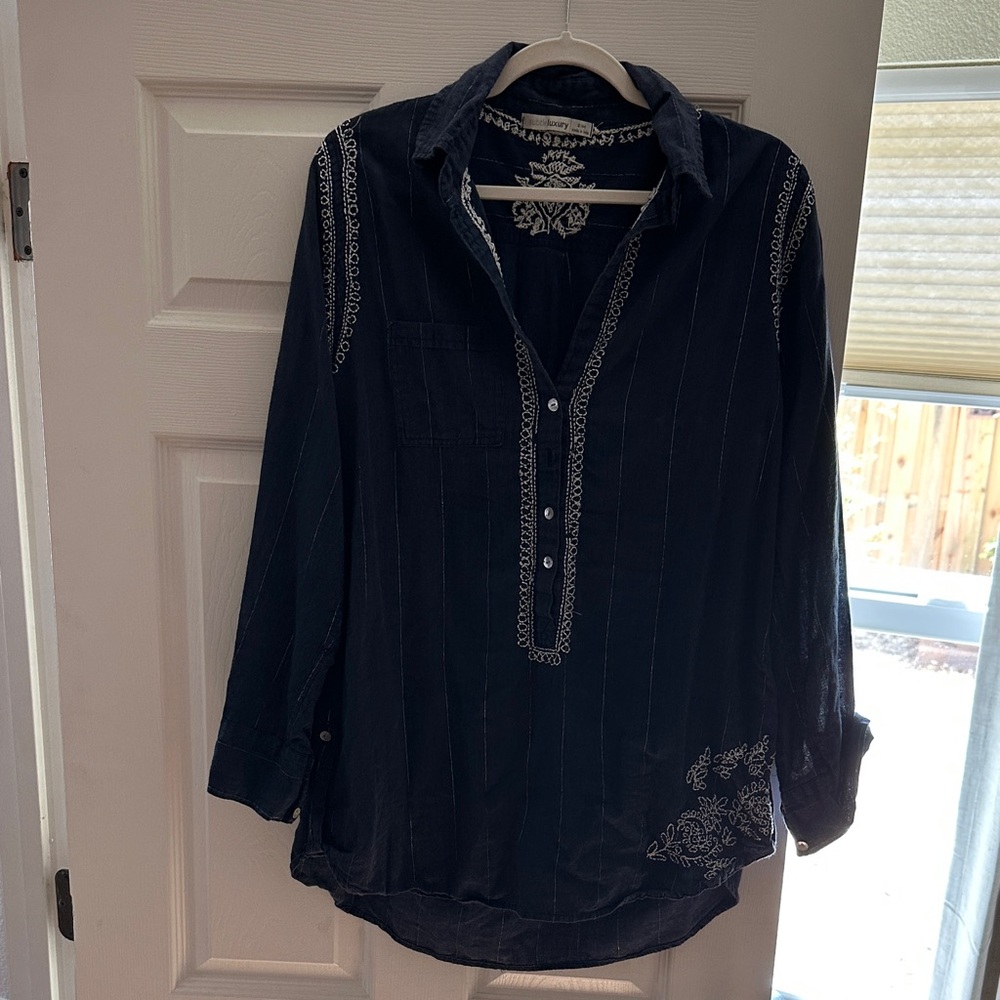 Subtle Luxury Navy Shirt with White Embroidery - Picture 2 of 5